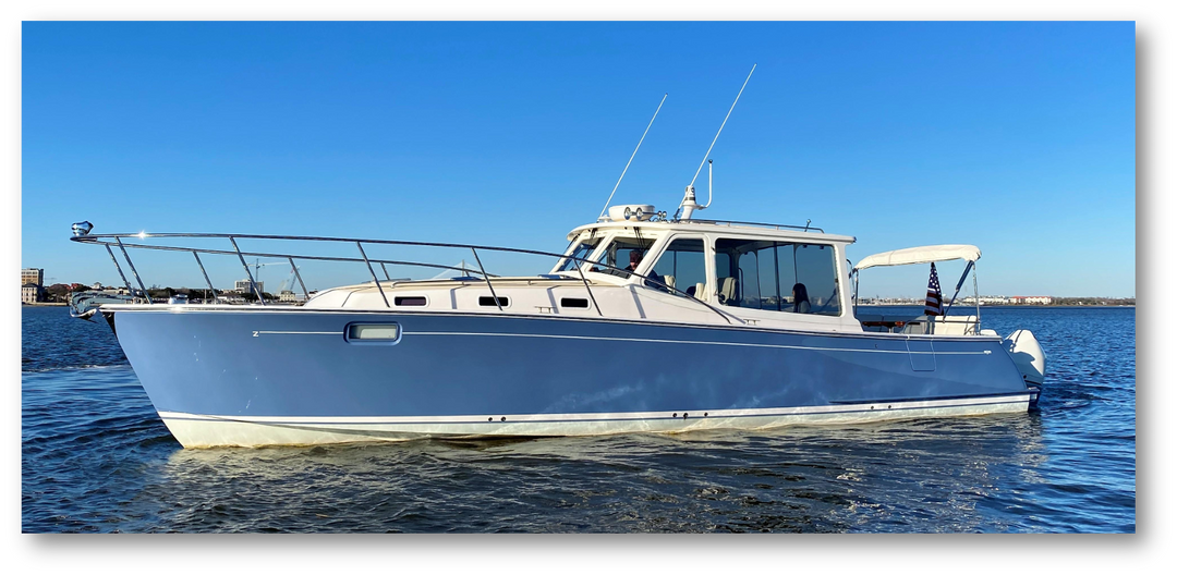 MJM Yachts 43 with Triple Mercury 300 HP – Faster at Every RPM from Idle to WOT with Sharrow MX4